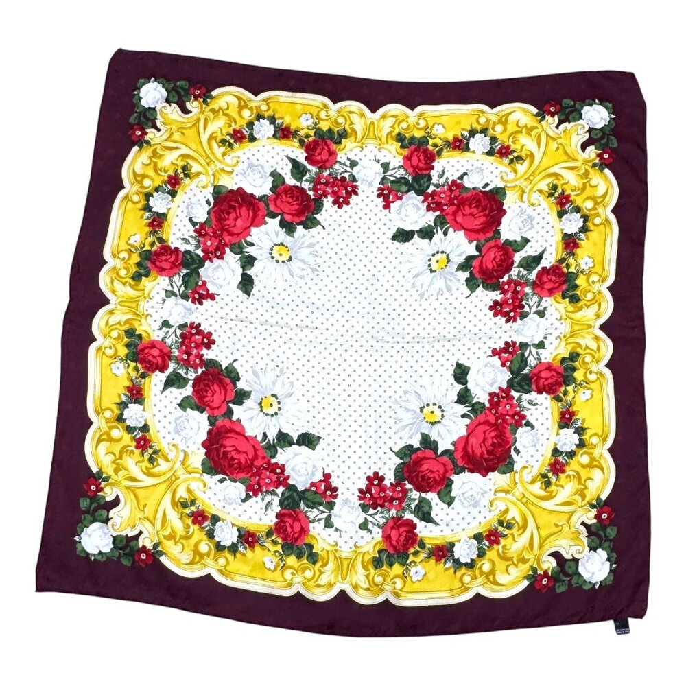 Ratti Italian Floral Silk Scarf 33.5" Red Roses & Gold Baroque Design Italy VTG